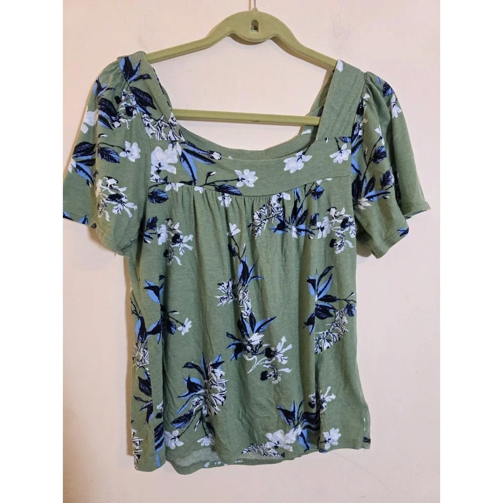Lucky Brand Woman's Small Green/Blue Floral Blouse Short Sleeve‎ Square Neck Top
